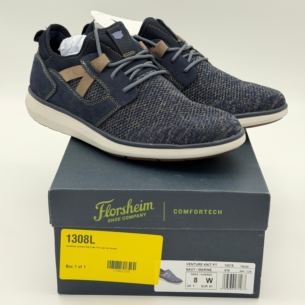 Florsheim Venture Knit Plain Toe Lace Up Sneaker Navy Marine 14315 Mens 8 W Wide